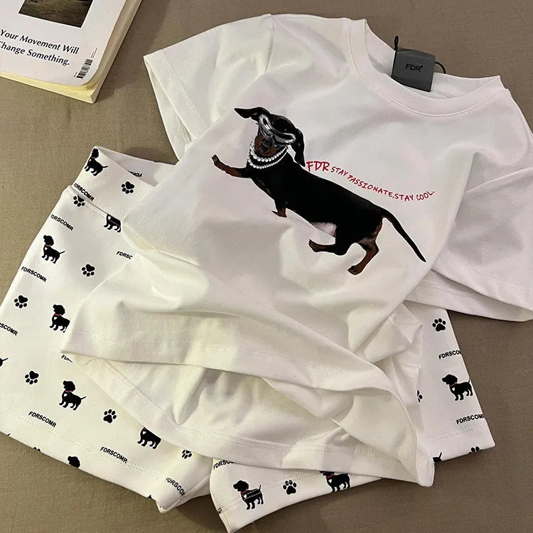 Sausage dog print short sleeve pajama set includes top and shorts in graphic-coloured suit