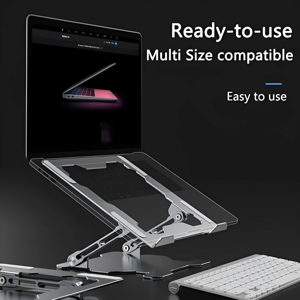 Grey adjustable aluminum laptop stand in folded and open positions on a wooden desk