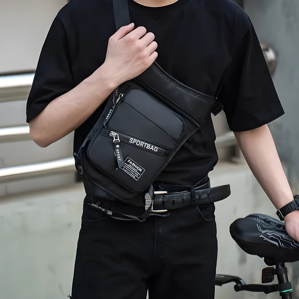 Men's outdoor cycling leg bag in nylon with crossbody strap, shown in multiple colour options