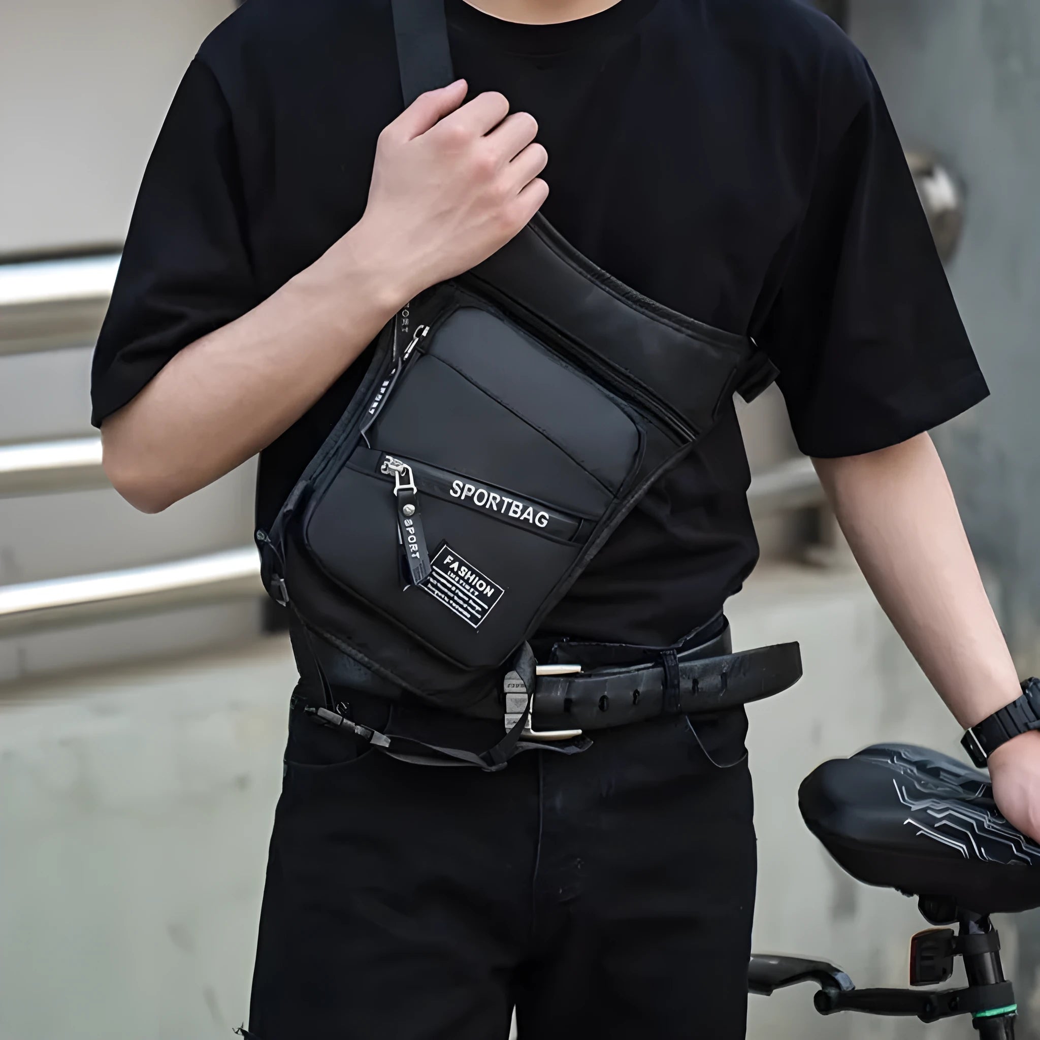 Men's outdoor cycling leg bag in nylon with crossbody strap, shown in multiple colour options