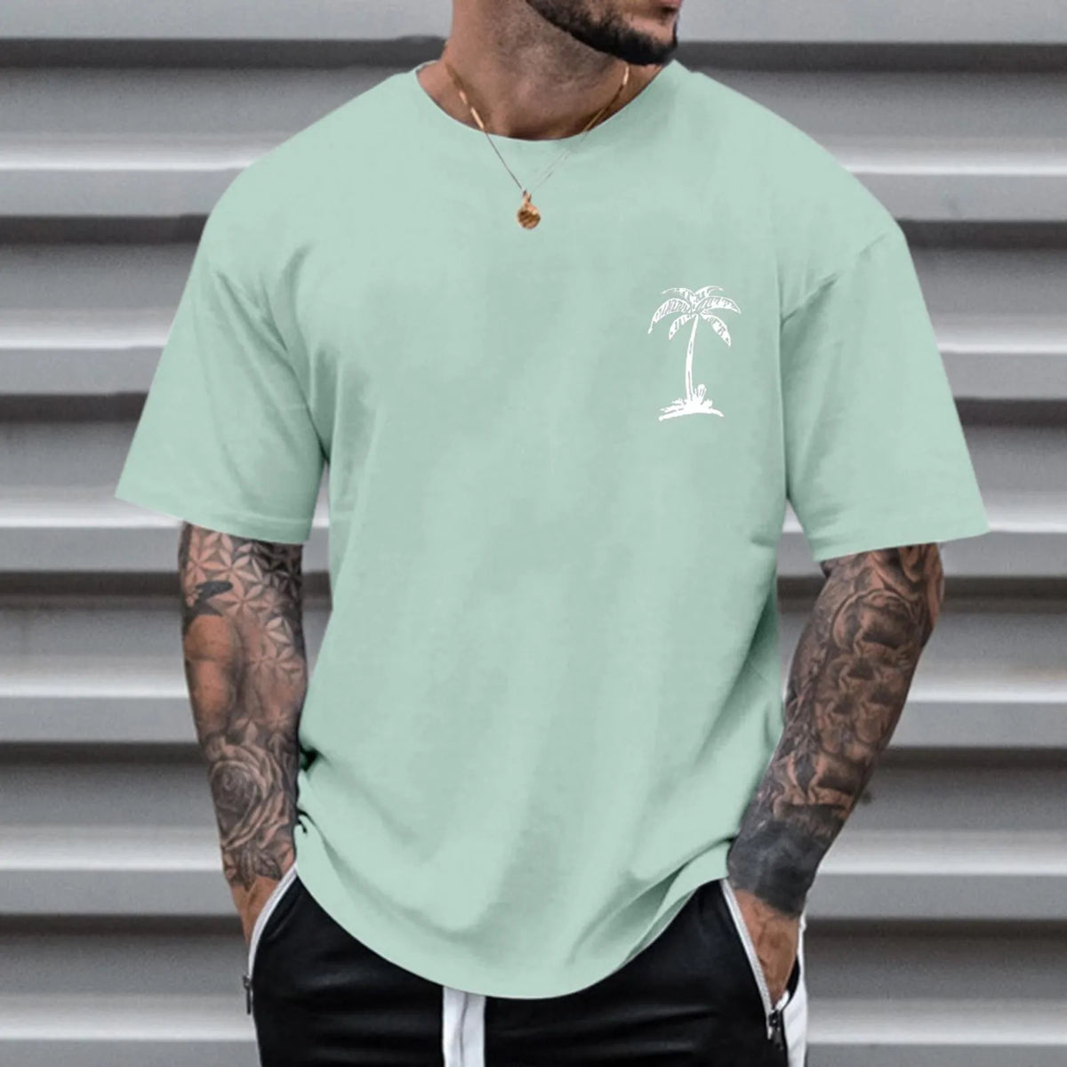 Men's round neck printed short sleeve T-shirt, loose pullover, polyester, sizes S to 6XL