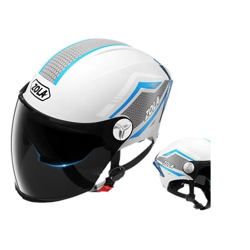 Children's 3C certified ABS motorcycle half helmet with a double mirror visor in a light brown colour.