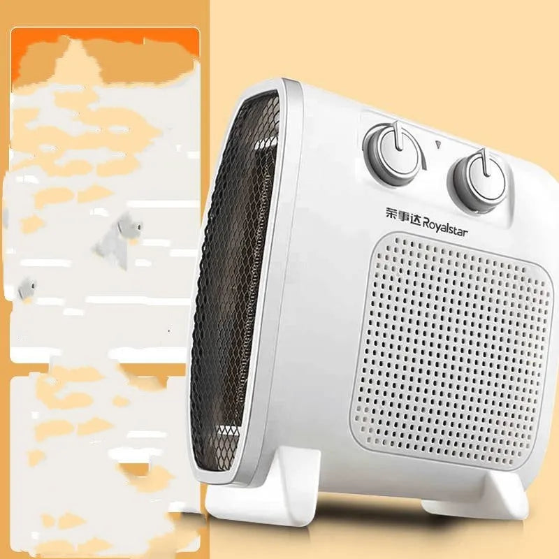 Small white and black gold electric heater fan with mechanical controls for spaces up to 20 square metres