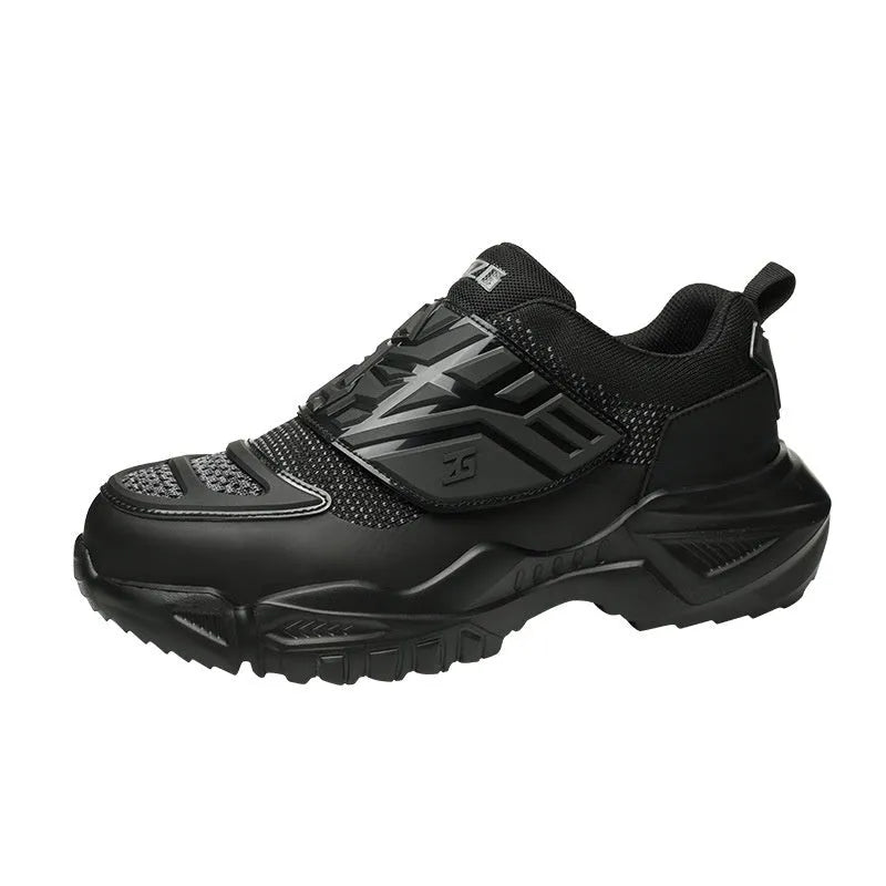 Black steel toe cap safety shoes with mesh fabric upper and felt buckle closure