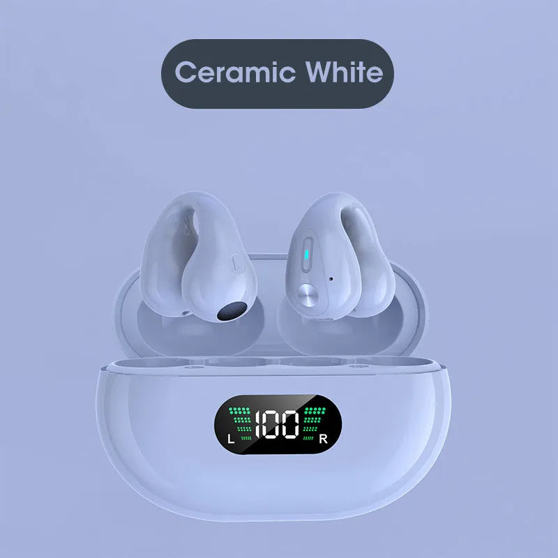 Bone conduction Bluetooth headset clip in black, white, or khaki with ear clip design