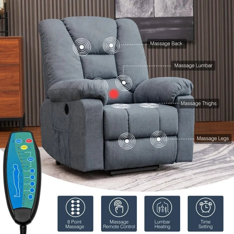 Blue cloth art electric massage recliner with USB port and 8-point vibration massage in a living room