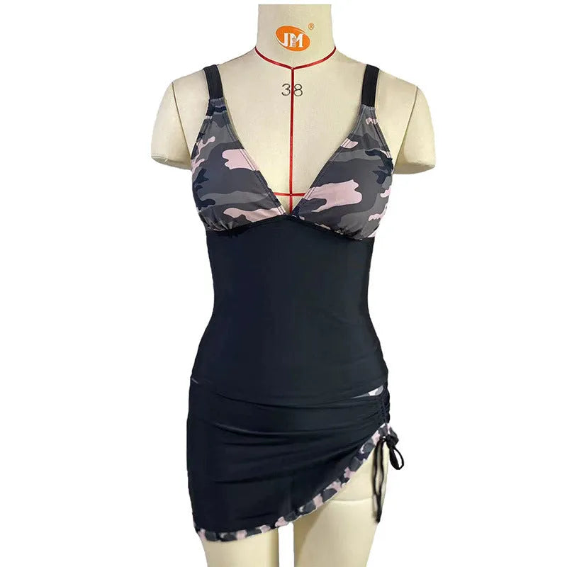 Women's V-neck backless two-piece swimsuit in solid colour, nylon polyester fabric, black option