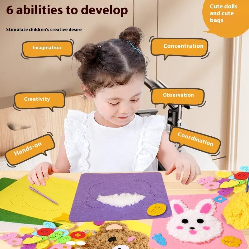 Children's cartoon animal wool embroidery painting kit with cloth canvas, 15cm size, featuring rabbit and bear designs for DIY play