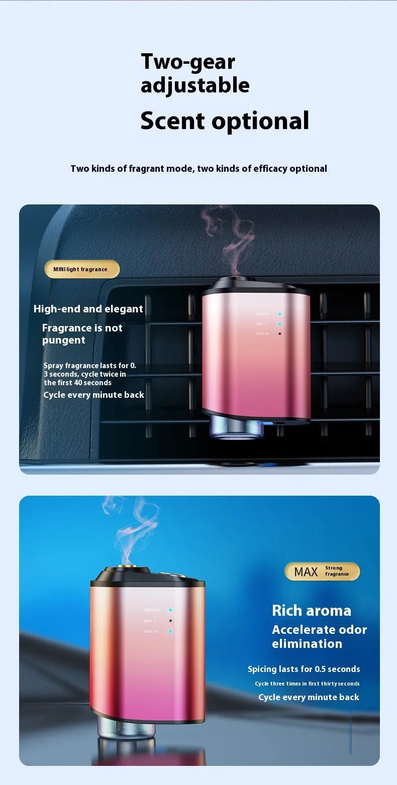 Black car aromatherapy smart fragrance diffuser with ocean scent bottle next to it