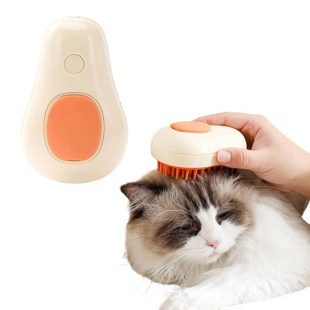 Green and white 3-in-1 cat steam brush with silicone bristles and water spray nozzle.