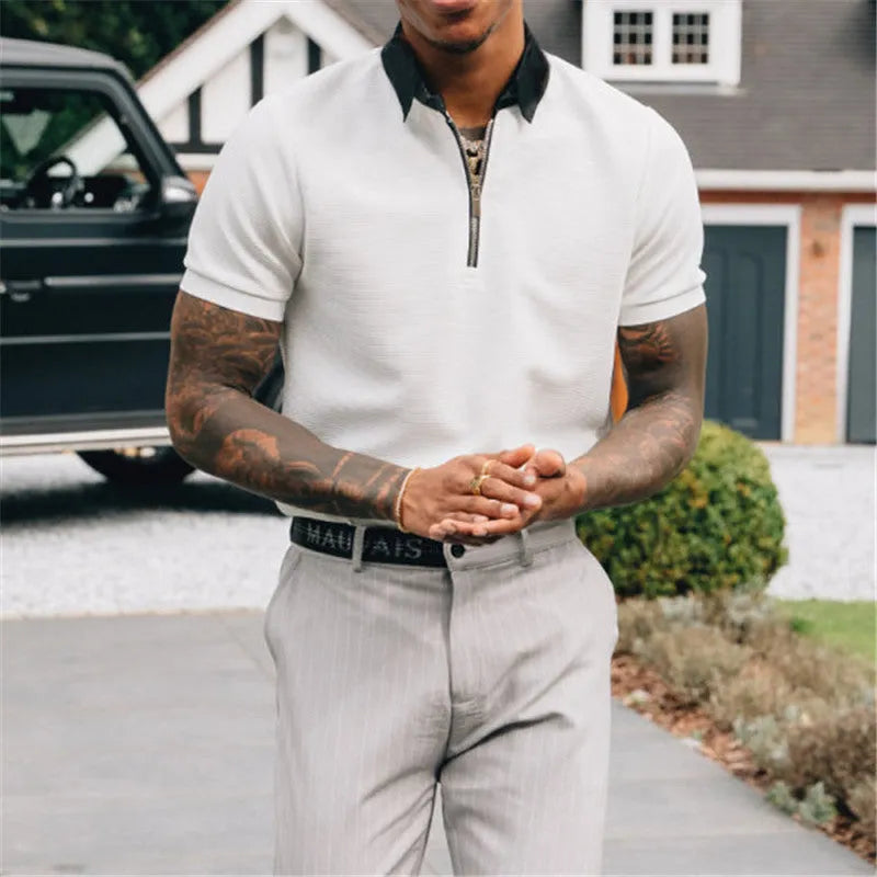 Men's pure white loose fit short sleeve polyester polo shirt with patterned print in Pattern-B353 colour option