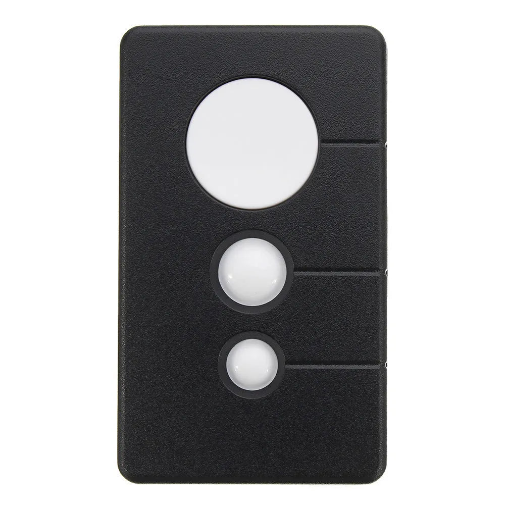 Black three-button LiftMaster garage door remote control with rolling code.
