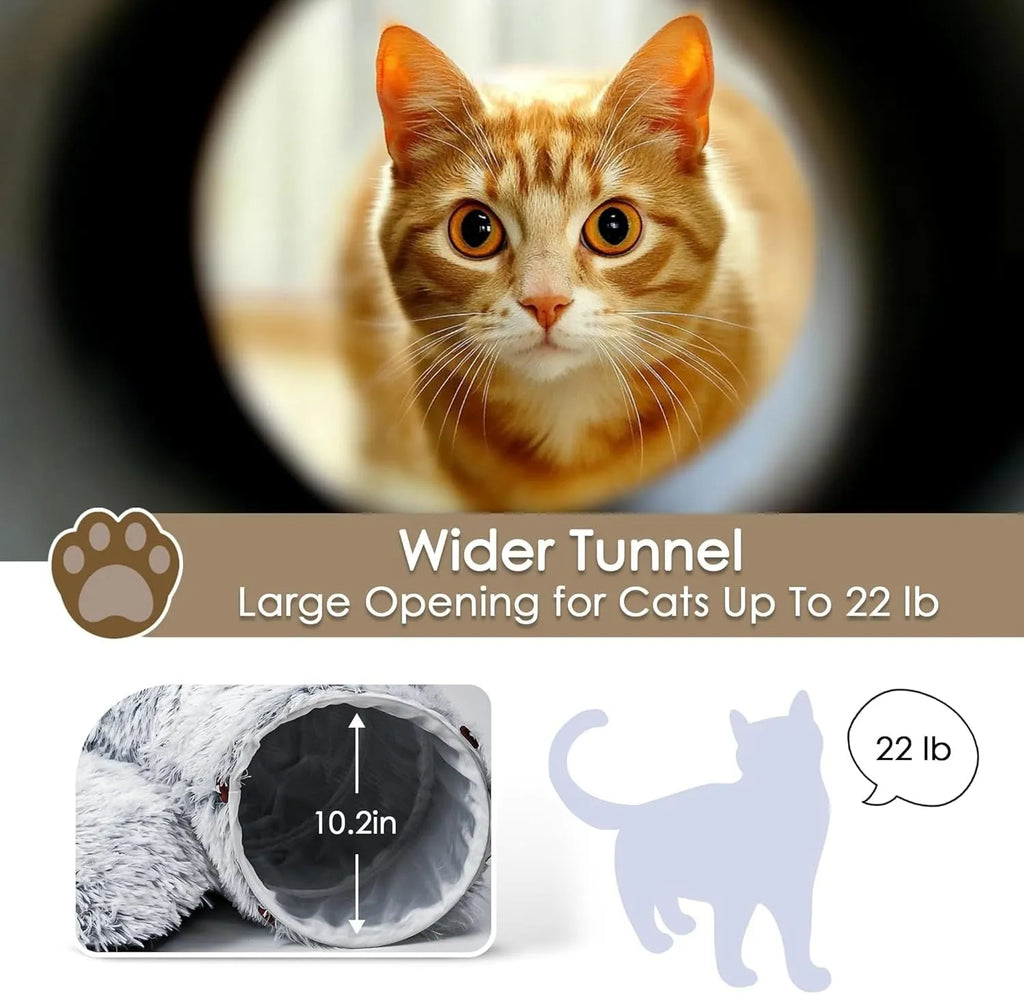 Grey cat tunnel bed with removable cushion and hanging furry toy for indoor cats