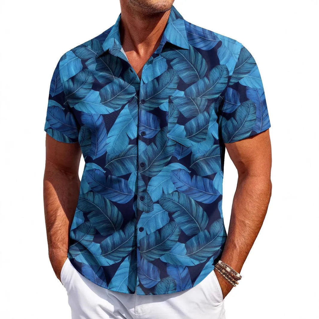 Man wearing a slim fit, short sleeve Hawaiian shirt in a colour choice from the available range.
