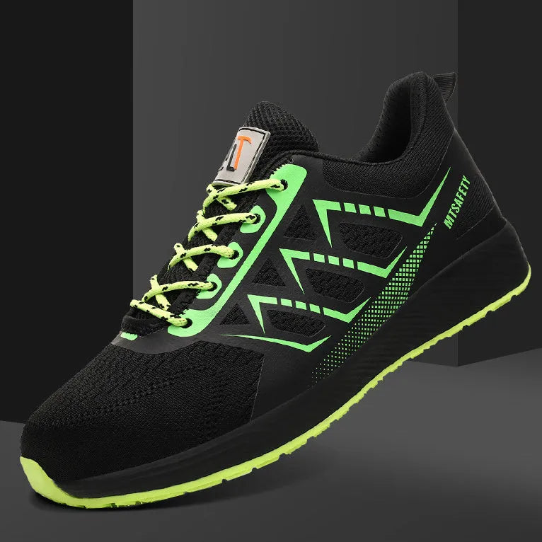 Black lightweight safety shoes with steel toe caps and lace-up front