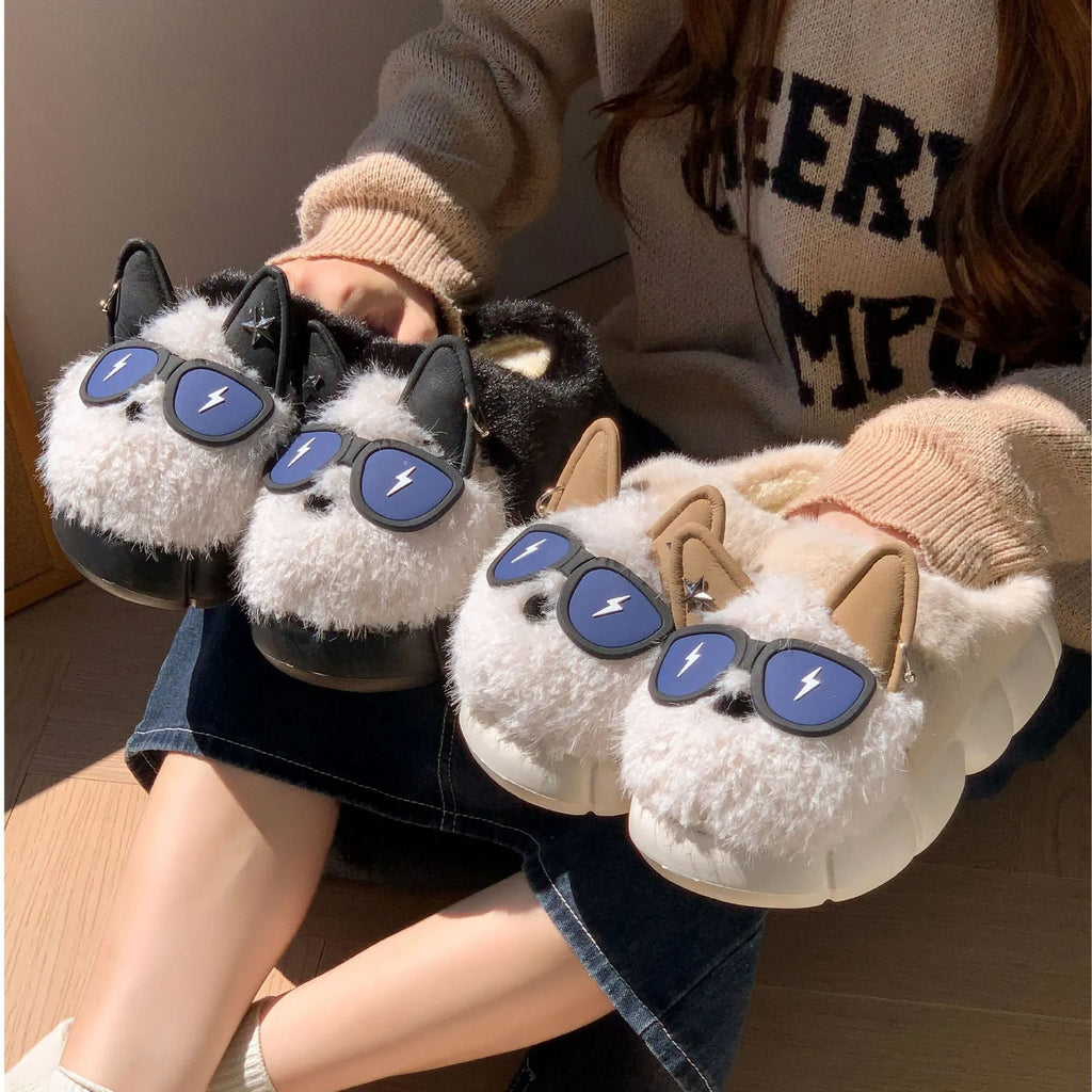 Thick-soled non-slip cotton slippers with plush upper and puppy design in black, white or coffee