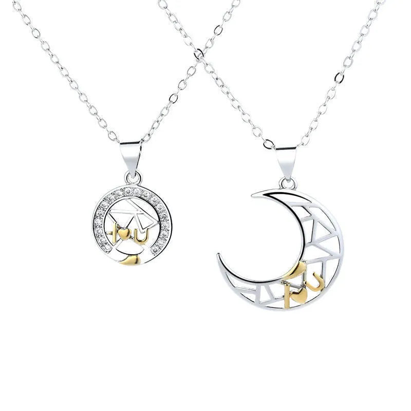 Copper sun moon couple necklace with electroplated finish and cross chain design