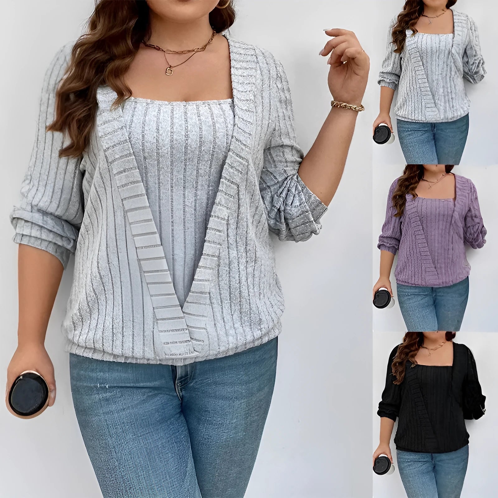 Women's loose fit long sleeve V-neck top in black ribbed polyester fabric with false two-piece suit detailing