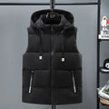 Men's thick polyester vest with removable cap in black or blue with straight hem design