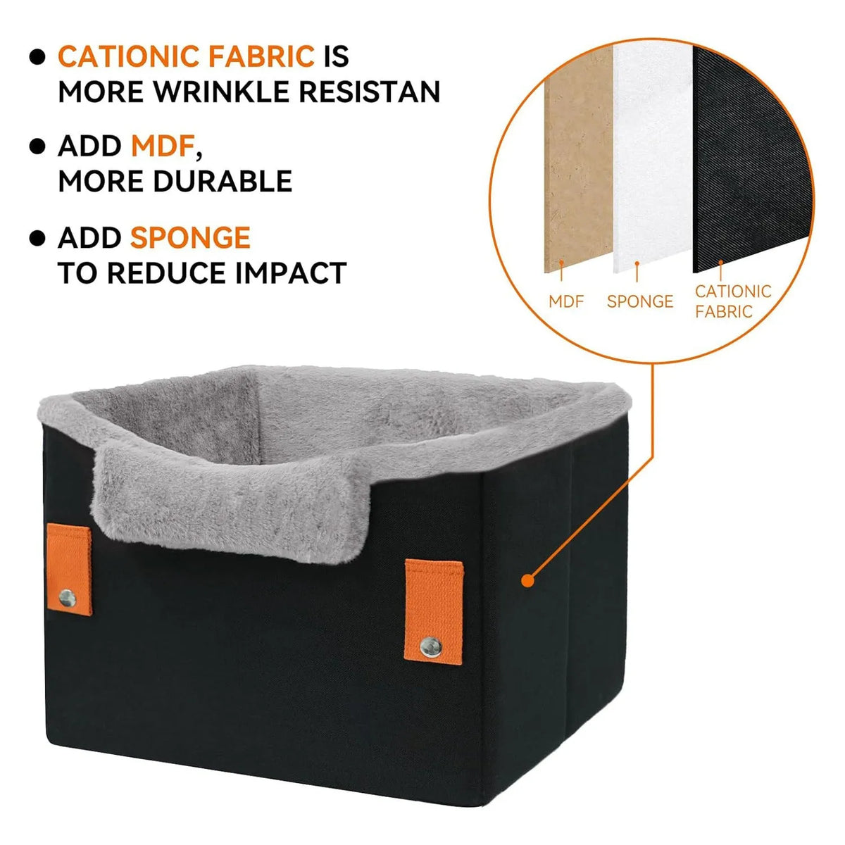 Portable small dog car seat with clip-on safety leash, 40.6x33x28cm, in orange, grey, or black