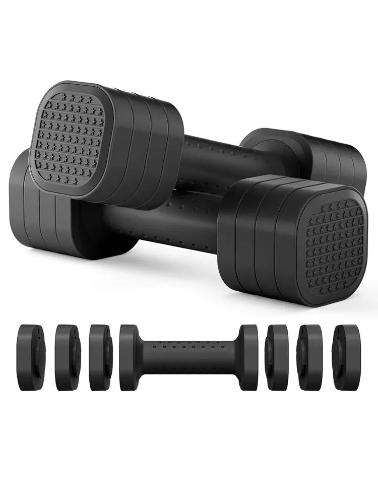Detachable pink and blue 5lb ABS plastic dumbbells for women's fitness.