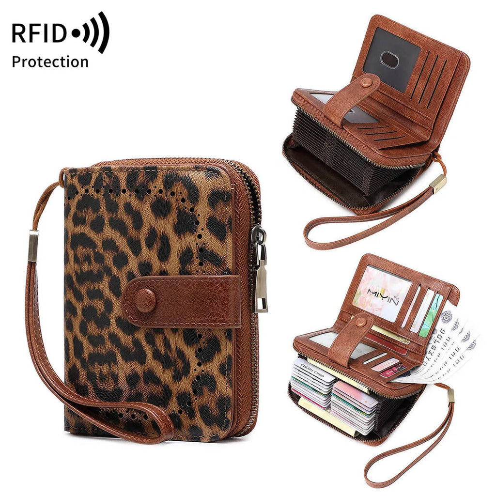 PU leather multifunctional zipper wallet with leopard print design showing hollow stitching and card compartments