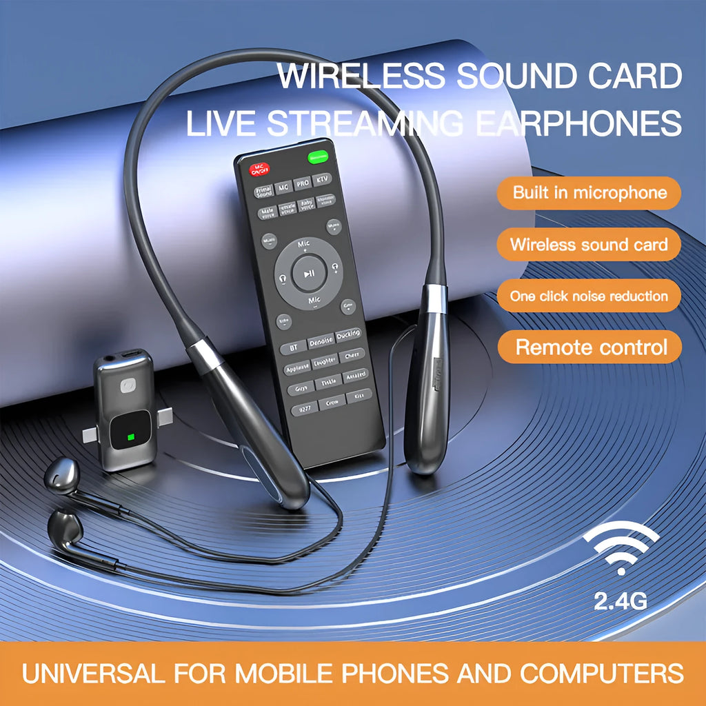 E8 wireless microphone headset sound card integrated unit in neck hanging halter style for mobile live streaming