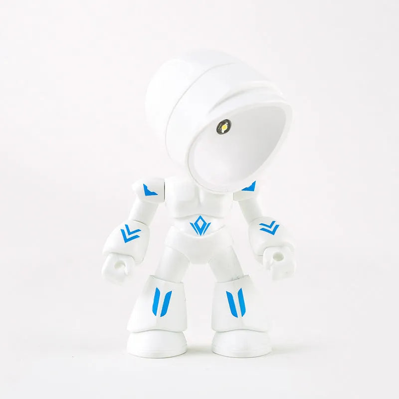 Mini LED hero robot night light with warm glow, adjustable arms, and 360-degree rotating head on a wooden shelf