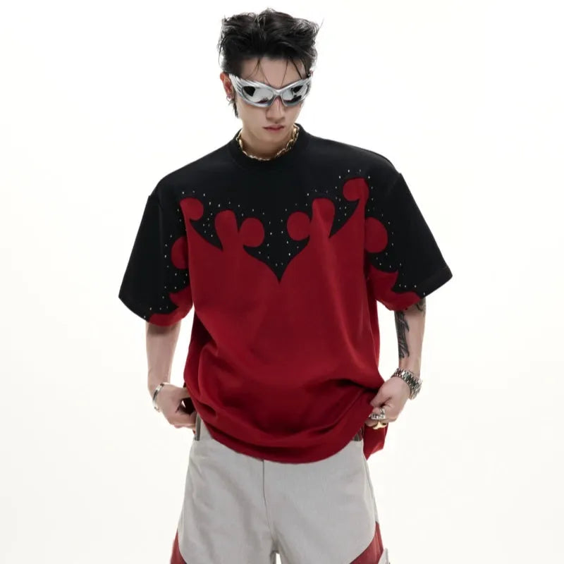 Men's grey loose fit cotton shirt with burnt flower stitching and rhinestone details on the front.