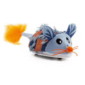 Blue electronic moving mouse cat toy with feather tail on a floor, showing scale.