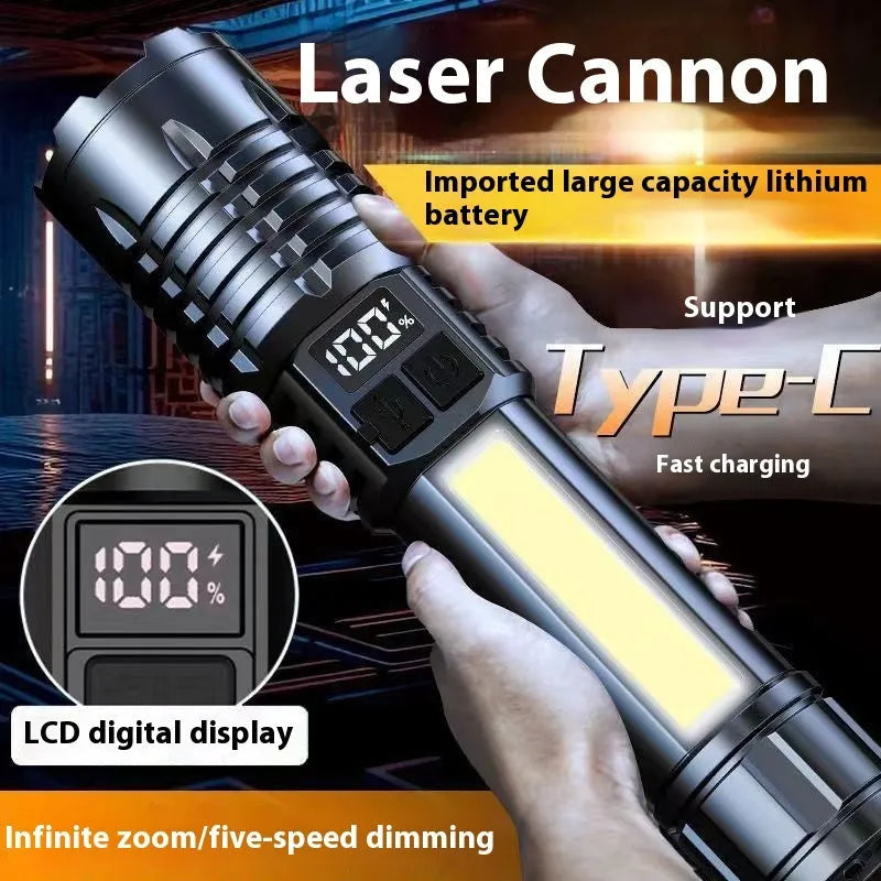 SJ004 rechargeable outdoor flashlight with white laser light, ABS body, zoom function, and three variant options.