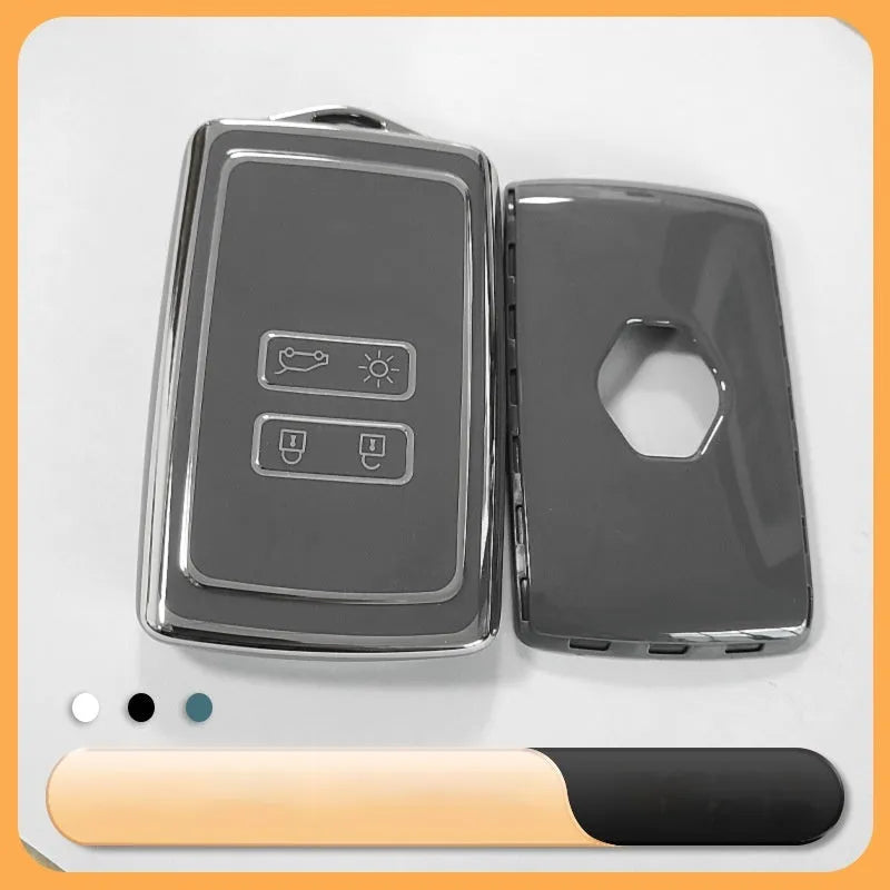 TPU car key case with silver edge trim in white, black, or grey, simple style key cover