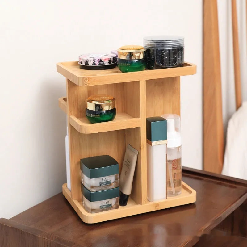 Bamboo multi-layer rotating storage rack with grid shelves in solid colour