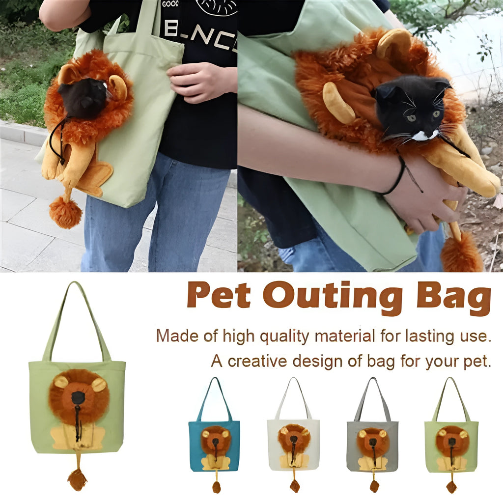 Canvas lion design pet carrier bag with safety zippers, adjustable opening, double shoulder strap, available in multiple colours