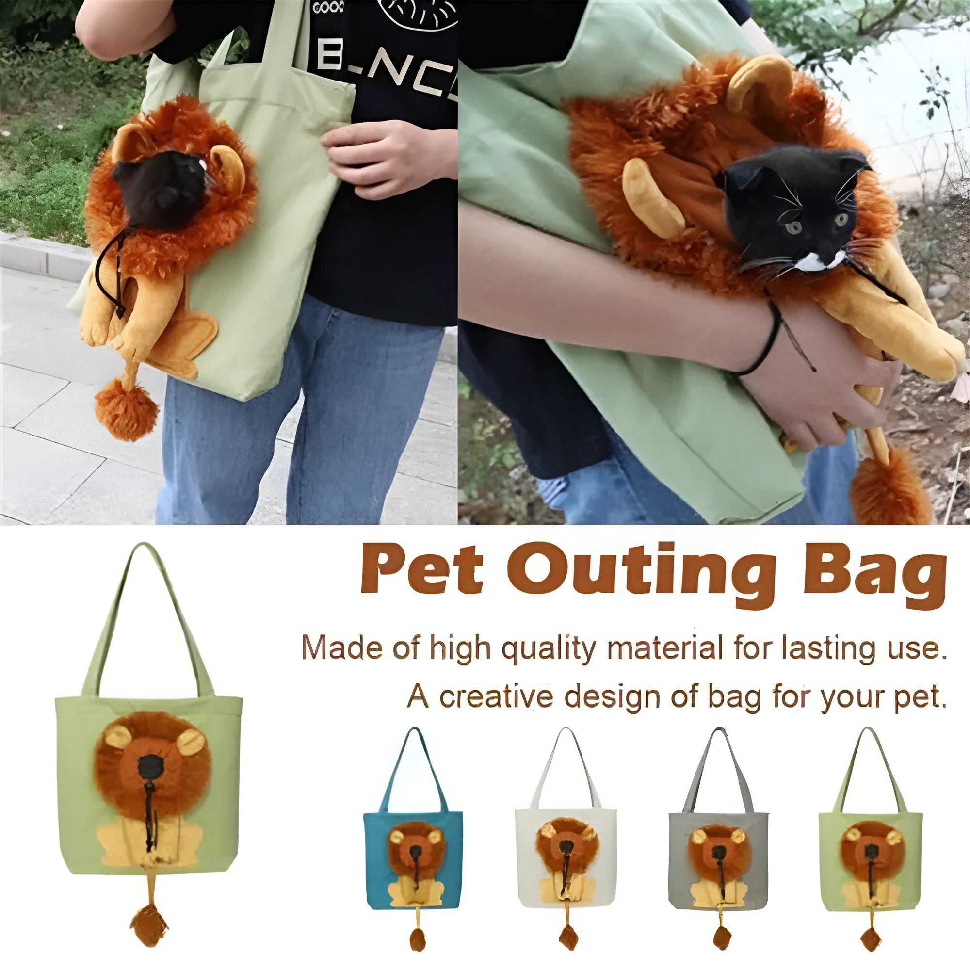 Canvas lion design pet carrier bag with safety zippers, adjustable opening, double shoulder strap, available in multiple colours