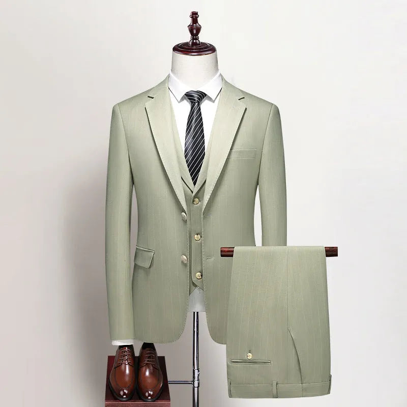 Men's three-piece light green business suit set with jacket, vest, and trousers, semi-hemp lining, flat collar