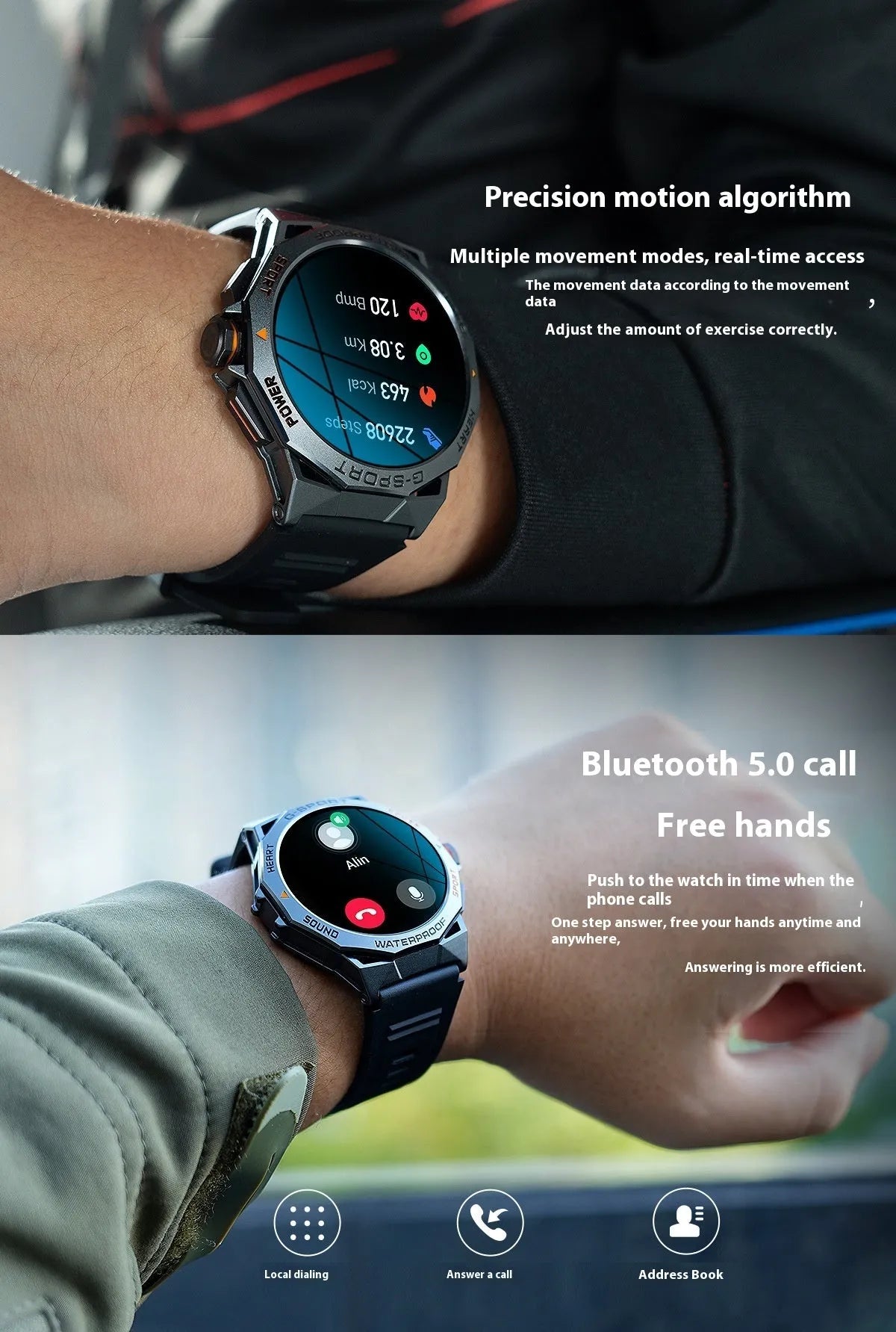 Smart watch with Bluetooth calling, TFT screen, silicone wristband, black or silver orange colour