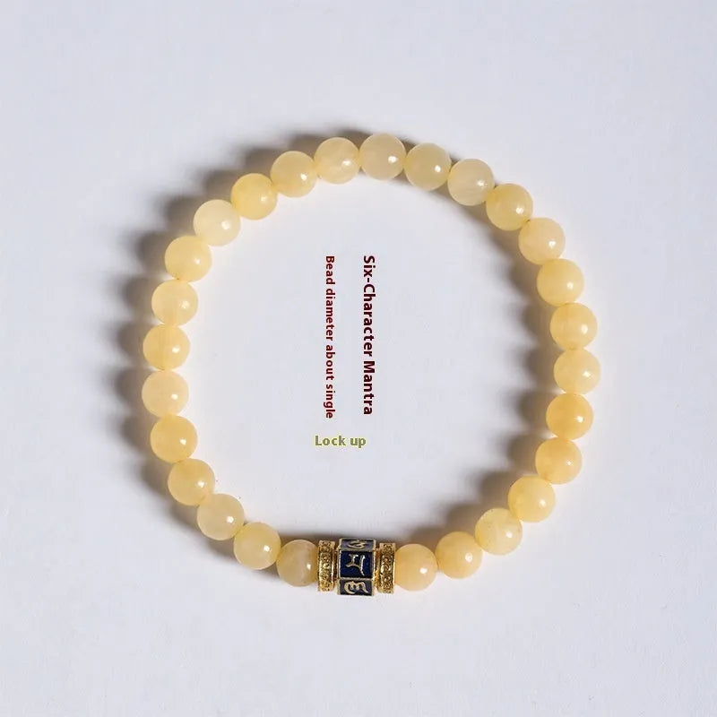Women's hand-woven topaz bracelet with mantra barrel beads and square jade accents