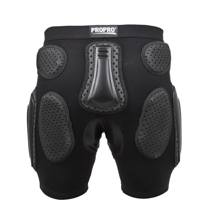 Black cycling hip protection pants showing protective panel positioning for hip impact reduction