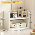 Desktop layered storage rack in PVC expansion sheet with wooden style, shown as a two-layer or three-layer rounded shelf tabletop organiser.