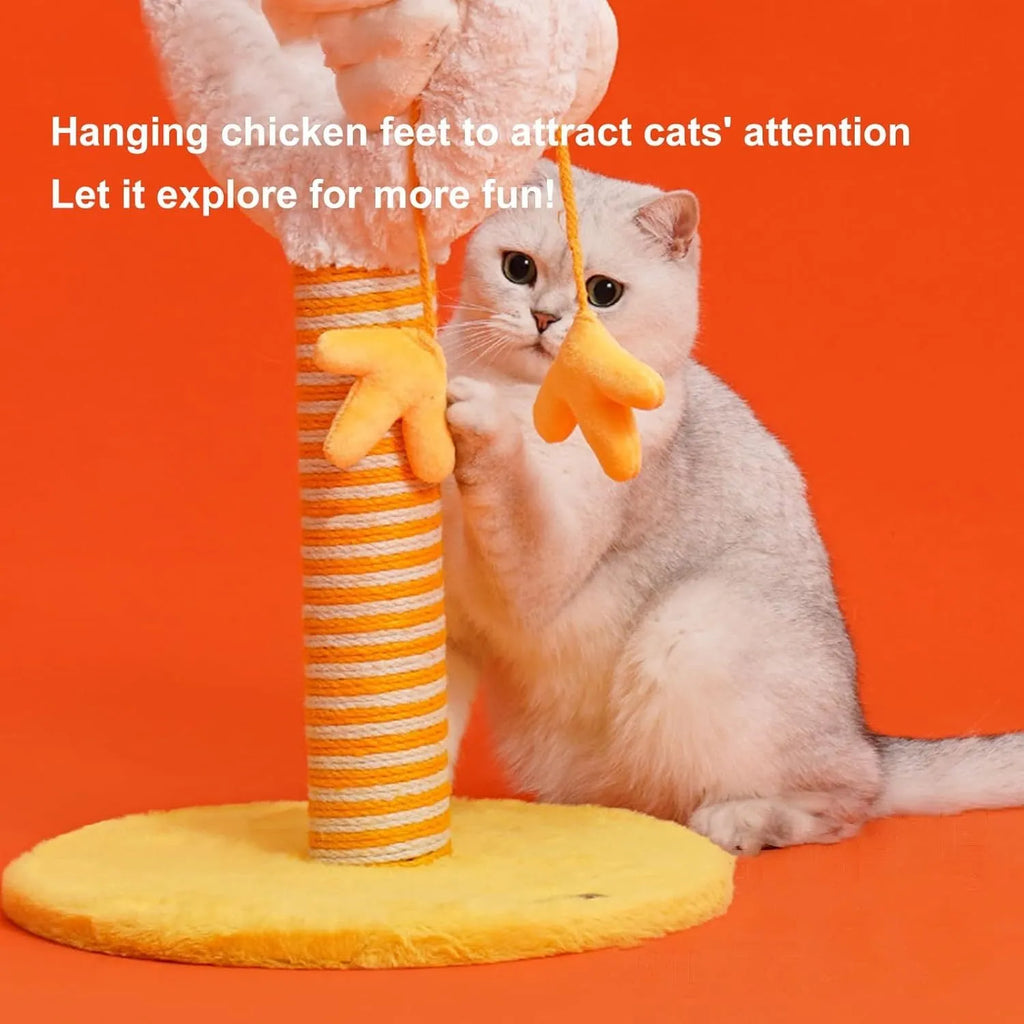 Tall sisal rope vertical cat scratching post with U-shaped design, spring ball, and chicken strip climbing feature.