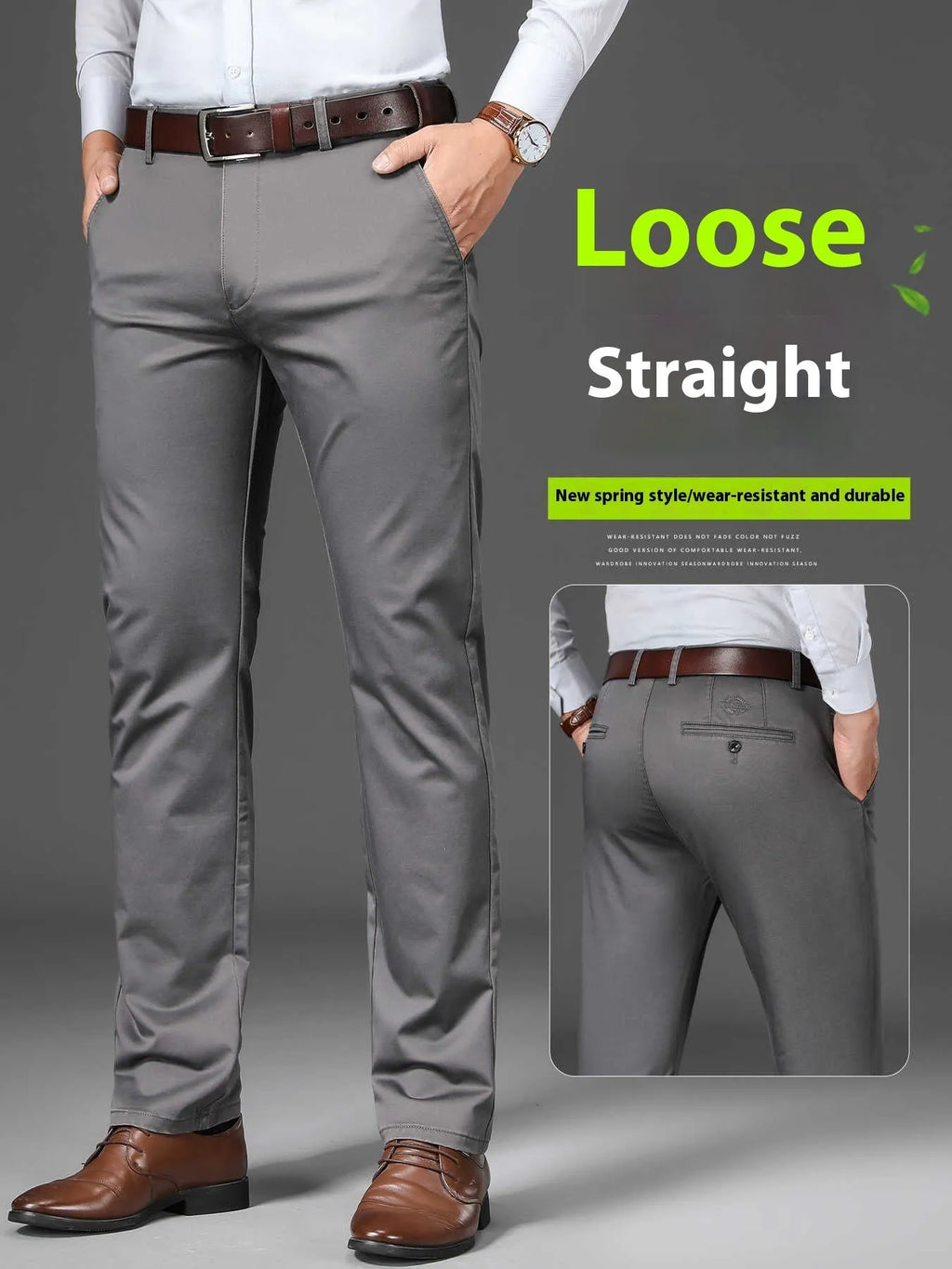 Men's thin straight-leg trousers in black on a hanger, showing the business casual cut and non-iron fabric.
