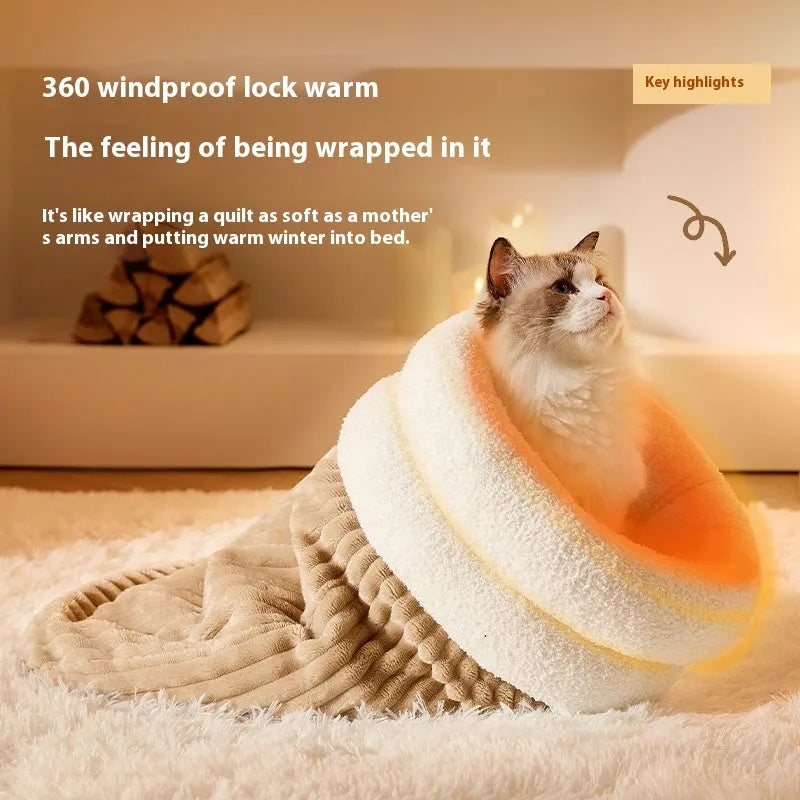Brown semi-enclosed pet sleeping bag with lambswool insulation for cats and small dogs