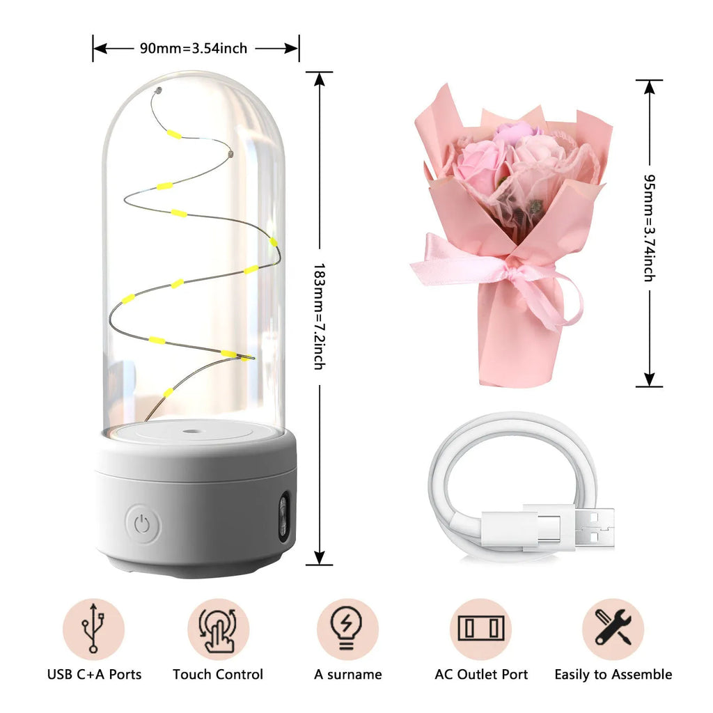 LED floral bouquet night light with Bluetooth speaker in glass cover showing multiple colour options