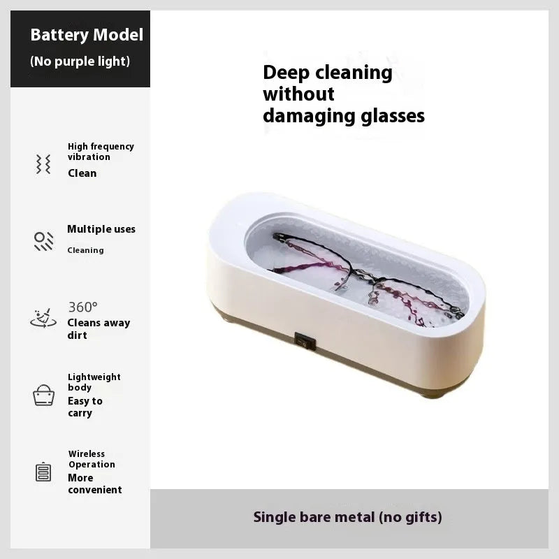 Ultrasonic glasses cleaning machine with purple light, 300ml capacity, USB or battery power, mechanical switch.