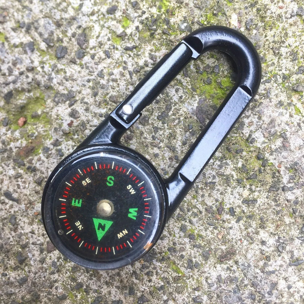 Black zinc alloy carabiner with liquid thermometer display and climbing button mechanism