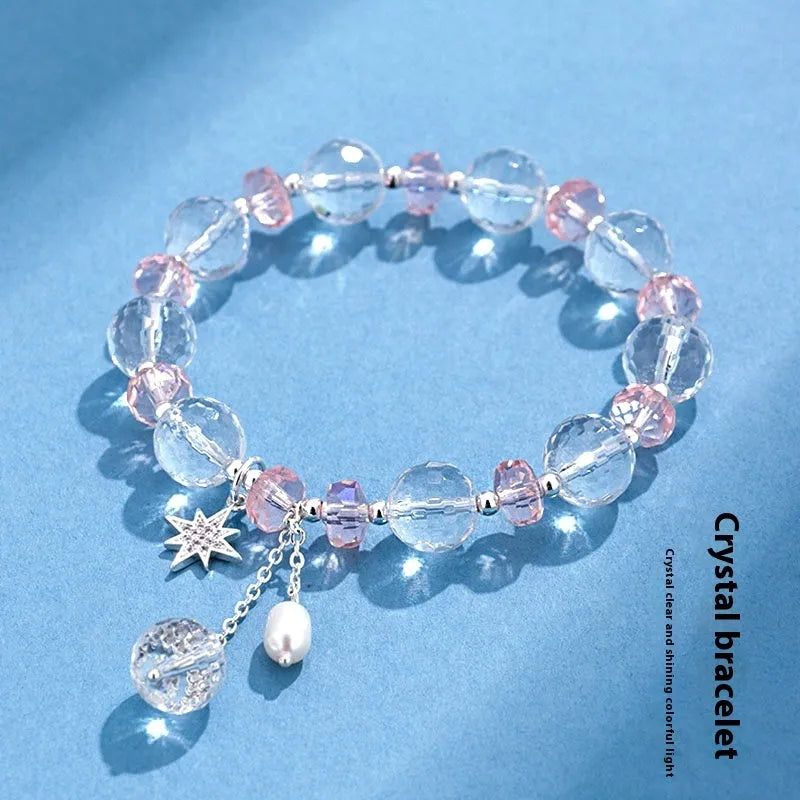 White crystal XINGX bracelet with lucky cat charm and diamond-shaped crystals in Korean style design