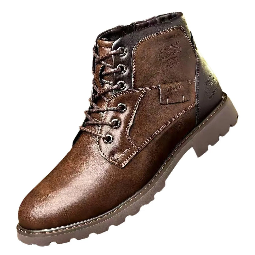 Men's brown leather-look ankle boots with a side zip fastening and rubber sole on a white background.