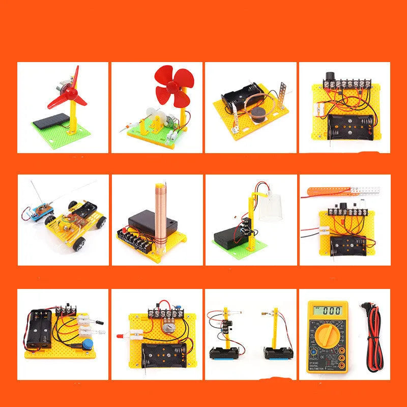 Plastic DIY electronic science experiment set with solar fan, hand generator, simple motor, and music doorbell for children ages 7-14