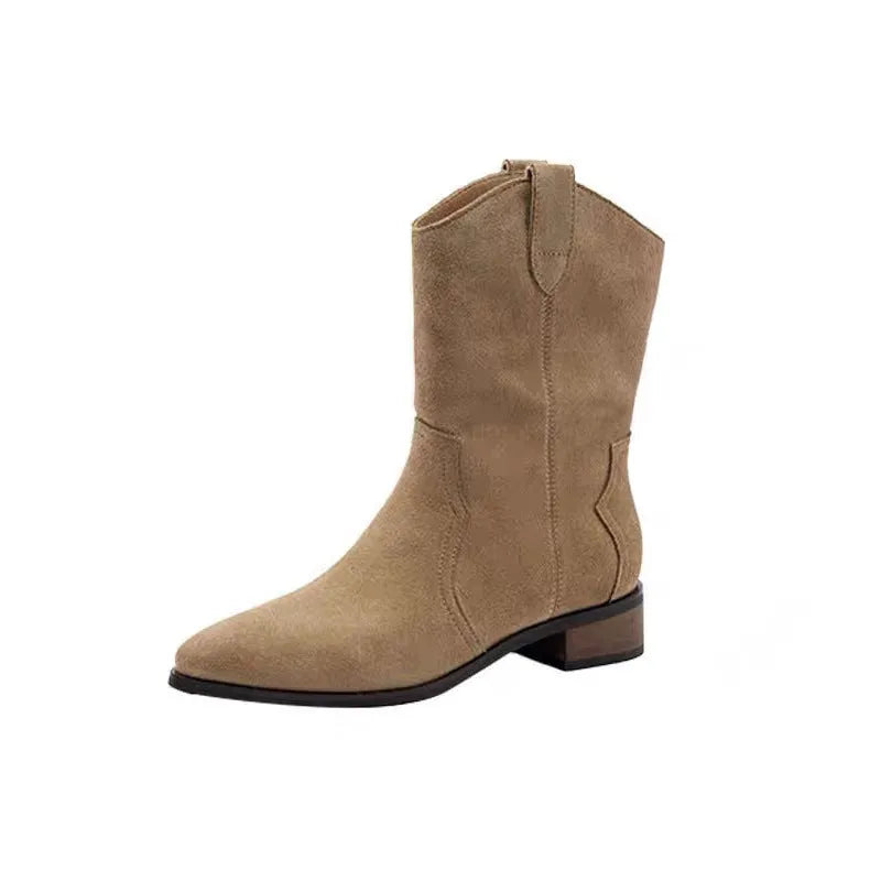 Khaki women's pointed toe chunky heel western cowboy boots with cowhide upper and stitching details